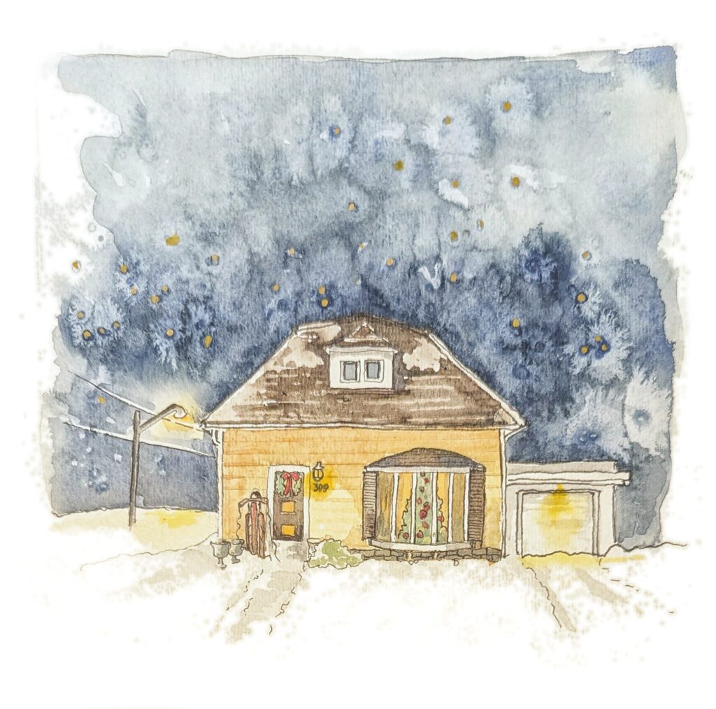 watercolor drawing of the little  crooked yellow house in Arnprior