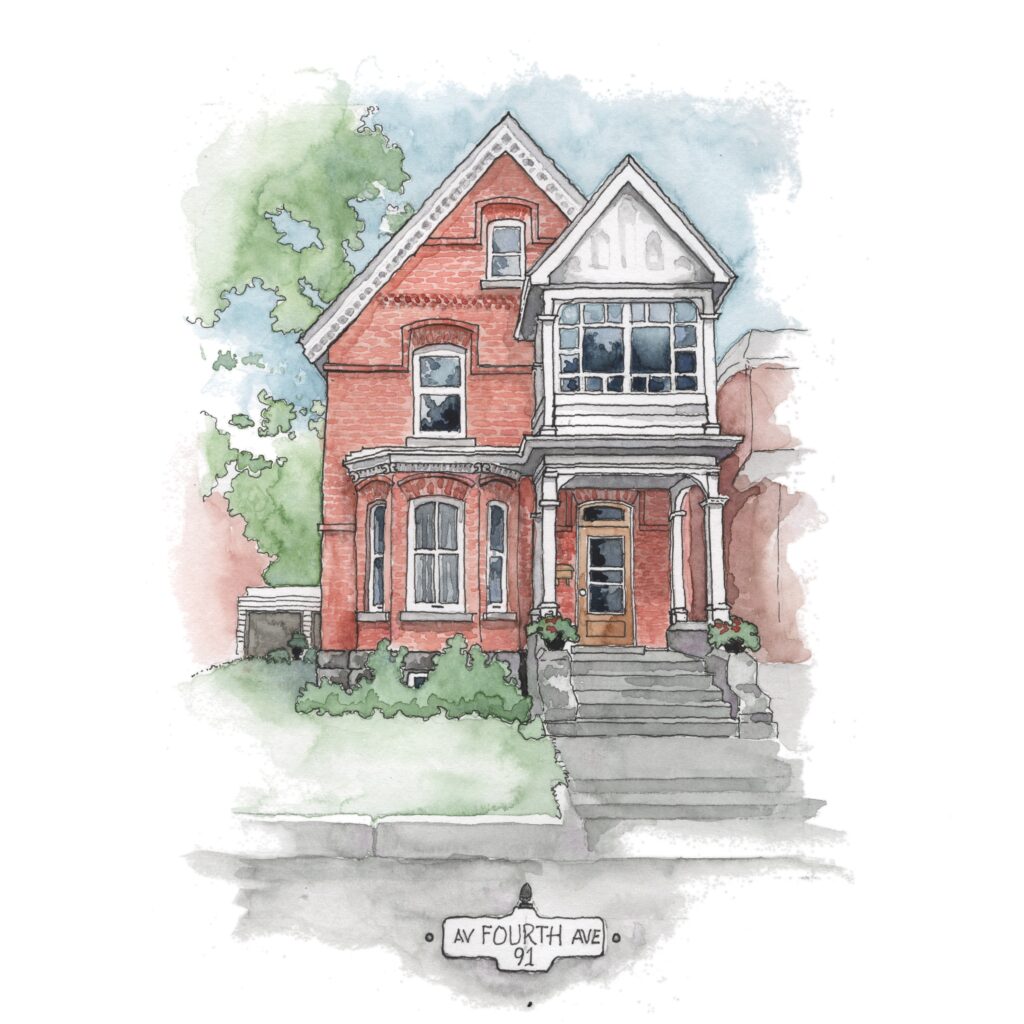 commissioned home portrait of a victorian style home in Ottawa's Glebe neighbourhood in watercolor and ink