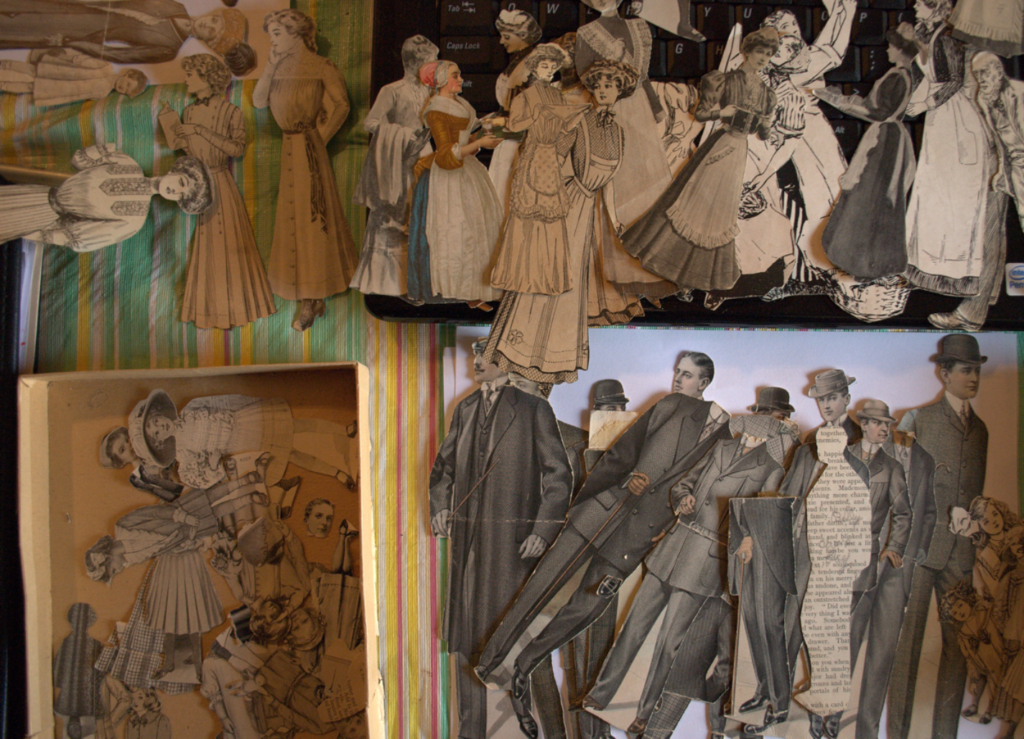 Stacks of Edwardian paper dolls sorted by age and gender