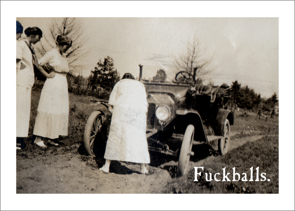 Edith, Jessie, others, on a road trip. Girls not waiting for help...