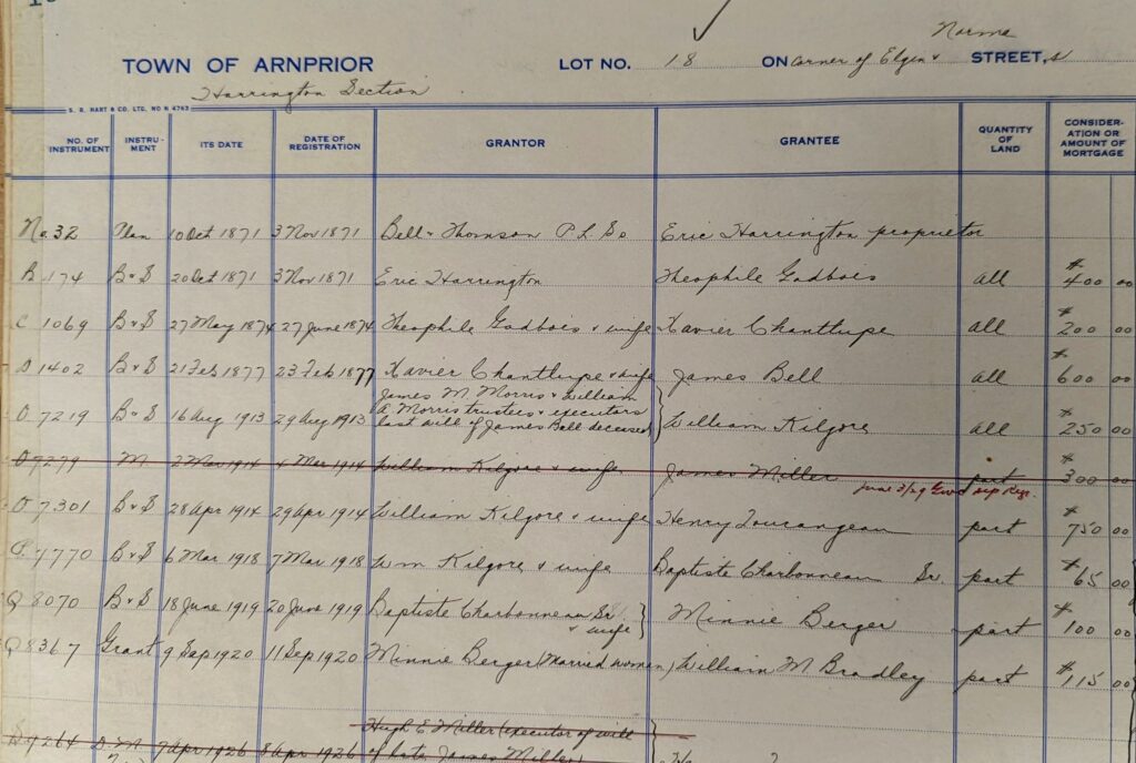 A page from the tax roll, town of Arnprior, beginning in 1871