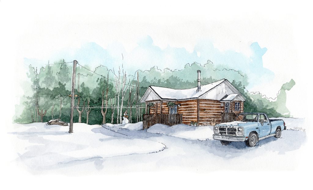 watercolour house portrait of a log home and the owner's favourite truck