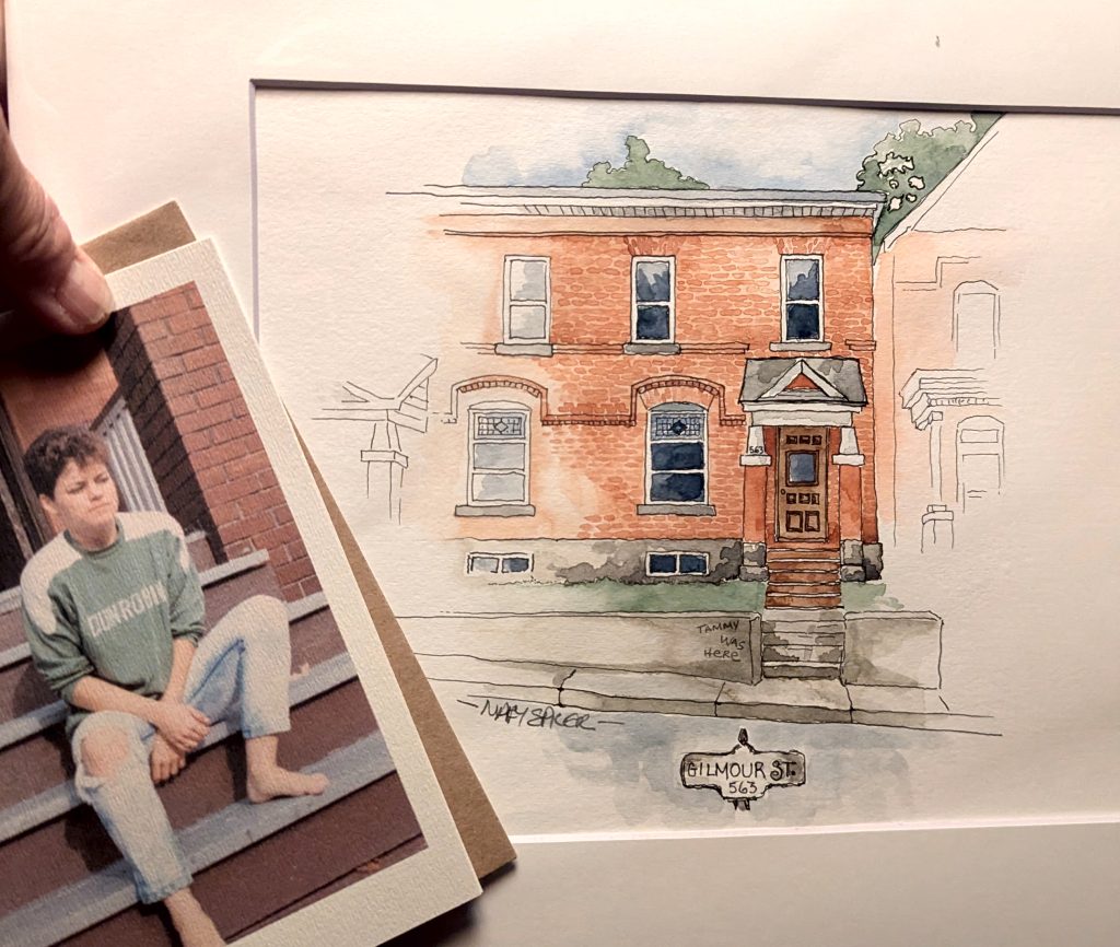 watercolour house portrait of a rowhouse in Ottawa's Centertown - a gift for a first roommate