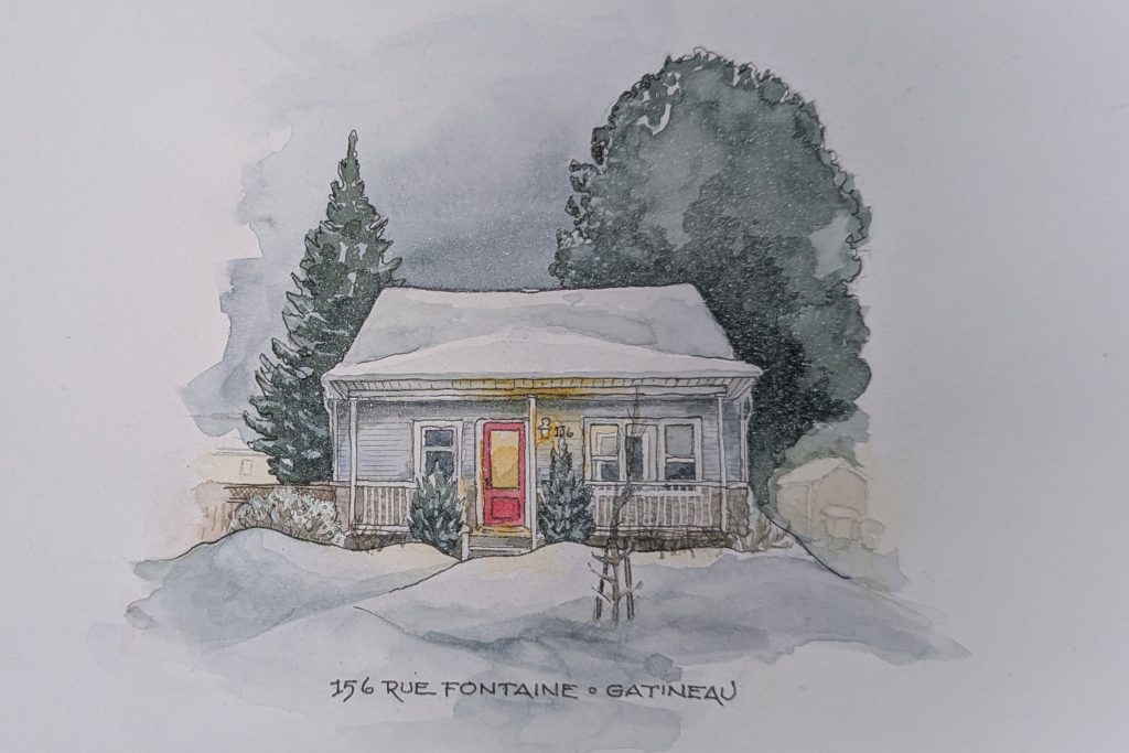 watercolour house portrait: a Gatineau home in winter