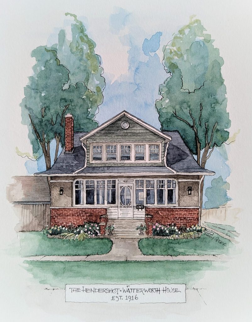 ink and watercolour house portrait of an urban century home